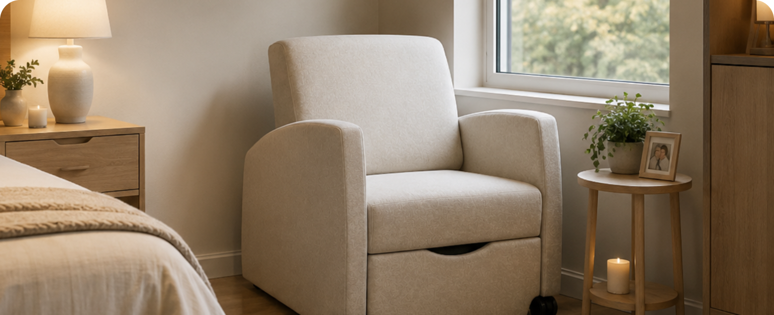 A comfortable armchair beside a bed in a bright resident room